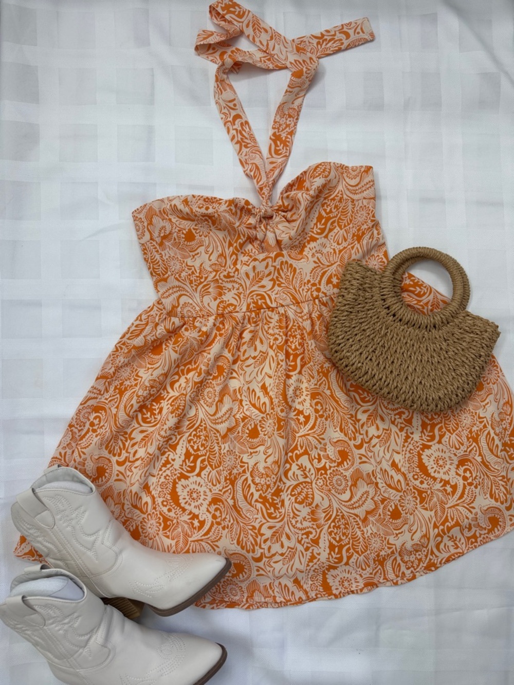 SHEIN Orange Floral Backless Halter Dress